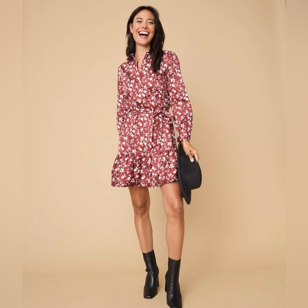 UNTUCKIT Womens Chessie Cotton Shirt Dress Size 4 Red Floral Belted Long Sleeve